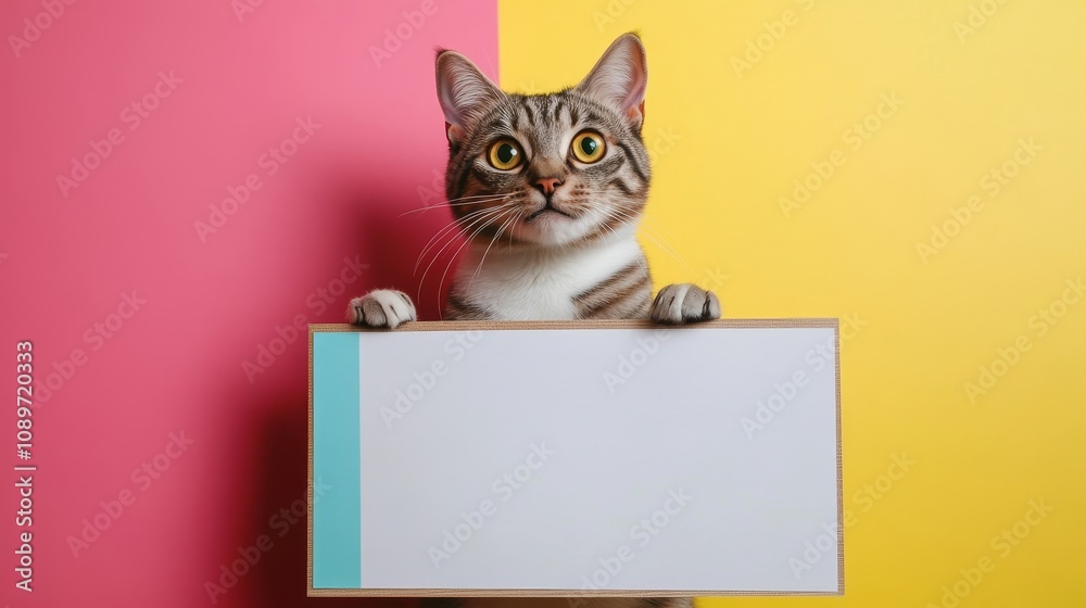 A cat is holding a blank sign in front of a pink and yellow wall A cat is holding a blank sign in front of a pink and yellow wall