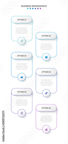 Vertical progress bar featuring 6 arrow-shaped elements, symbolizing the six stages of business strategy and progression. Clean timeline infographic design template. Vector for mobile presentation.