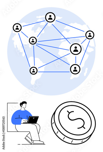 Network of connected people icons over the globe, person working on laptop, coin representing finance. Ideal for remote work, global business, currency, technology, finance, connectivity