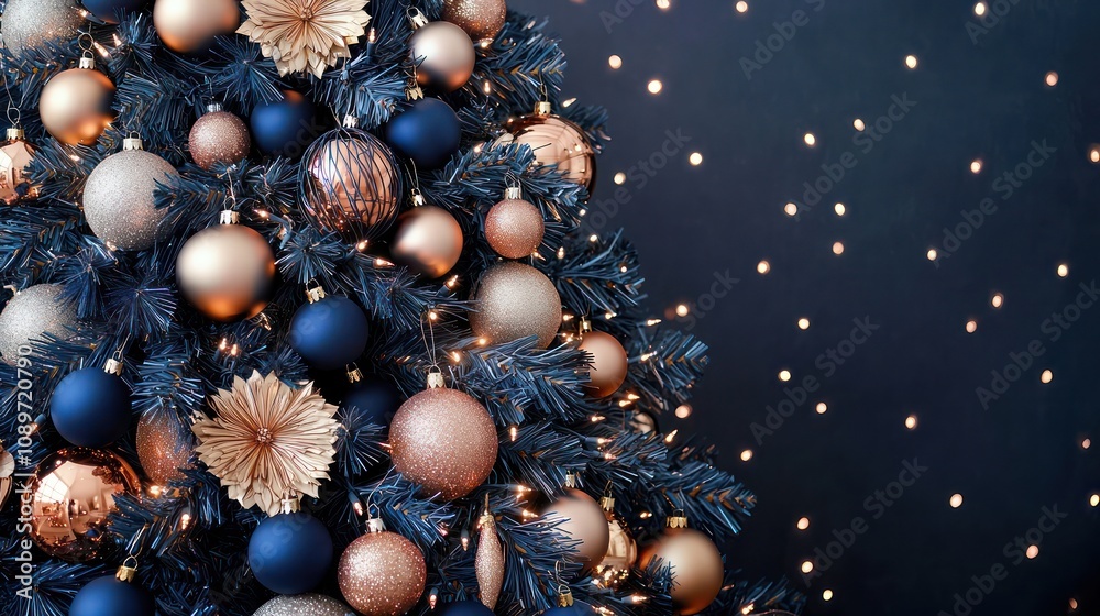 Fototapeta premium Navy blue and rose gold Christmas tree, rich and elegant with subtle overlays