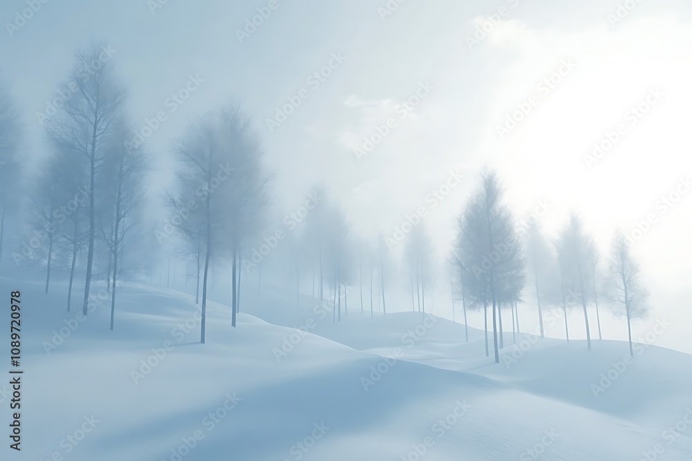 A simple winter scene with a snow-covered ground and misty trees A simple winter scene with a snow-covered ground and misty trees
