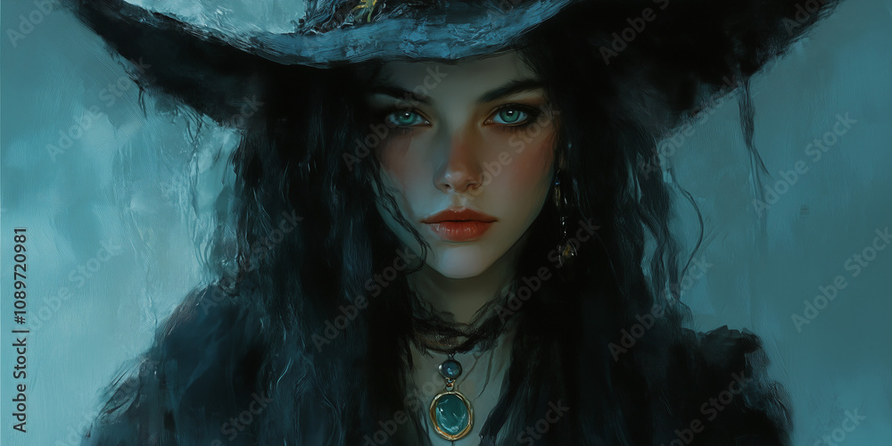 Fototapeta premium Czarownica w pełnym stroju, z kapeluszem o szerokim rondzie i mrocznym uśmiechem.