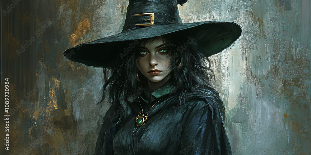 Fototapeta premium Czarownica w pełnym stroju, z kapeluszem o szerokim rondzie i mrocznym uśmiechem.