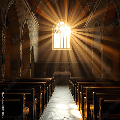 Sunrays shining through the antique stained glass of the church 