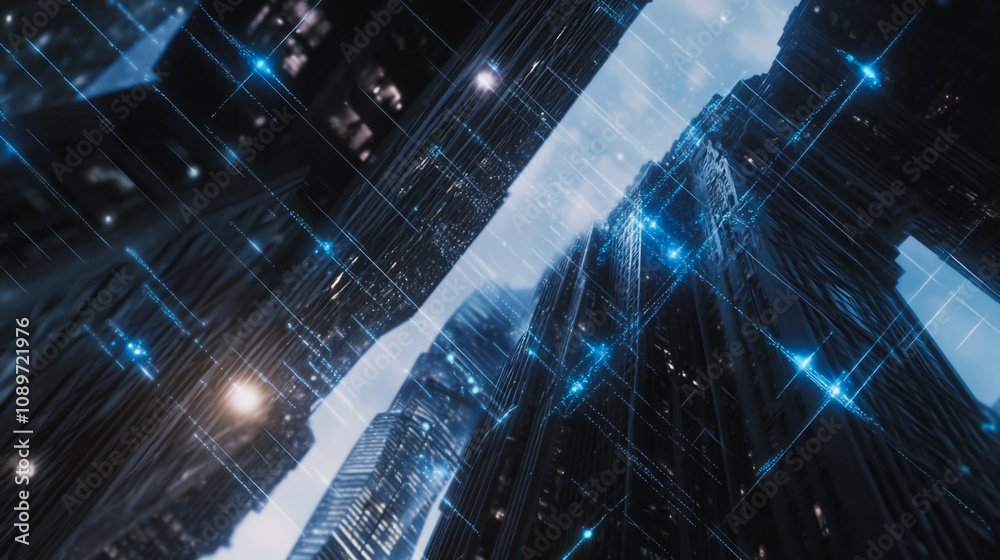 Obraz premium Smart digital Innovation Business skyscrapers in the Financial District with connection network reciprocity over the cityscape. of future smart wireless digital city and social media networking