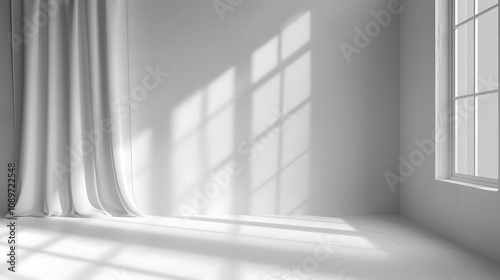 A minimalist interior scene with white curtains and sunlight casting shadows through a window.