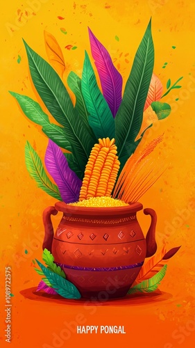 Happy Pongal Festival background with colorful sweet rice, millet, and corn leaves in a clay pot illustration. Text "HAPPY PONGAL" for an anime-style illustration, colorful and vibrant colors. Tamil, 