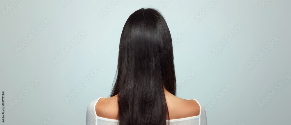 Obraz premium photo capturing the back view of a stunning brunette woman with flowing, sleek hair against a clean