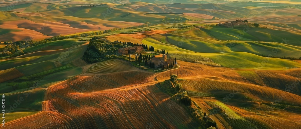 Fototapeta premium A breathtaking aerial view of Val d'Orcia and Crete Senesi, showcasing rolling hills, cypress trees