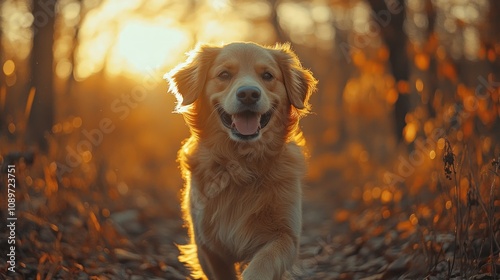 Here's a caption and keywords for your stock photo.. Happy golden retriever running towards camera in autumn sunset. photo