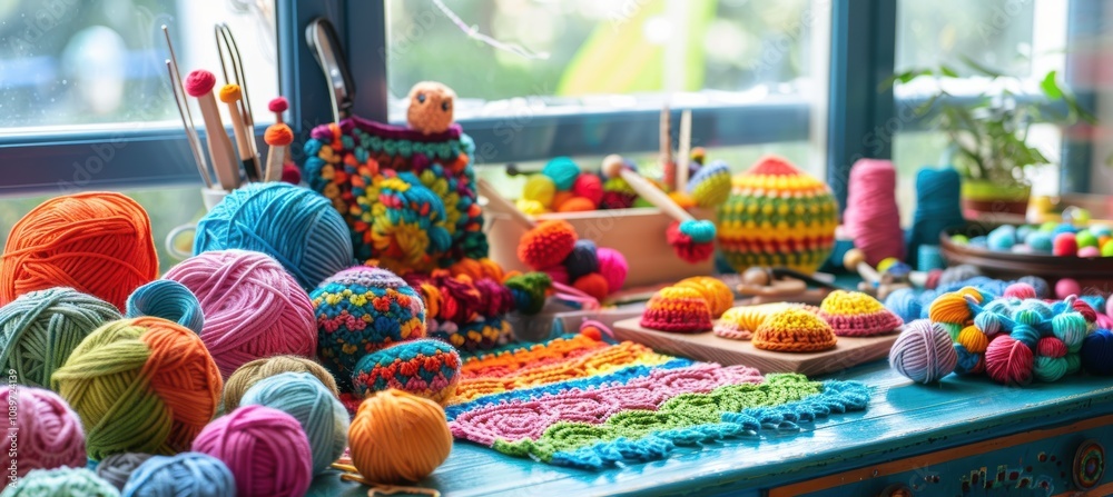 Obraz premium Vibrant Yarn Workspace for Creative Crochet Projects and Designs