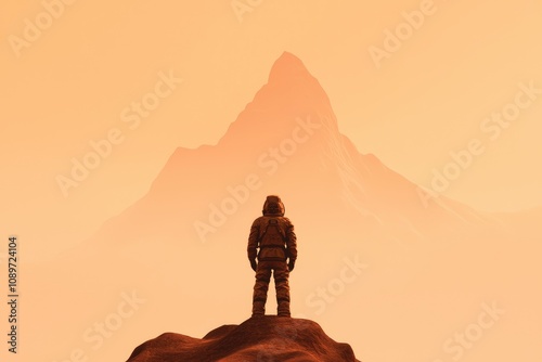 A man in a space suit standing on the top of Martian mountain looking at an even taller peak