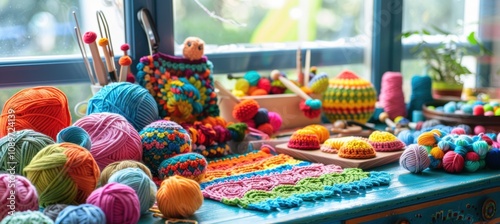 Vibrant Yarn Workspace for Creative Crochet Projects and Designs