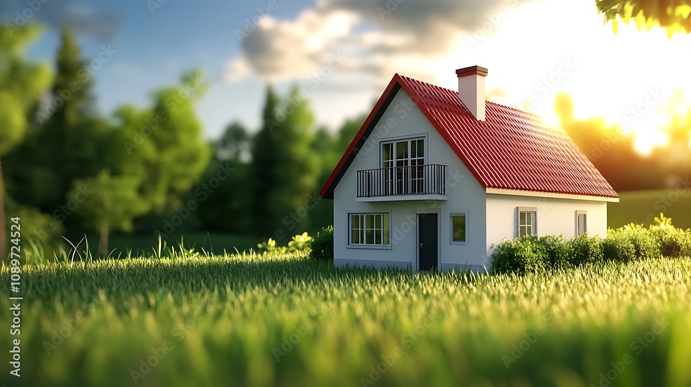 Tiny wooden house model placed on table in sunlight image Tiny wooden house model placed on table in sunlight image