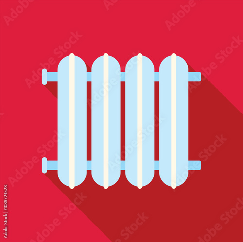 Heating radiator providing warmth and comfort during cold winter days, flat design icon with long shadow on red background