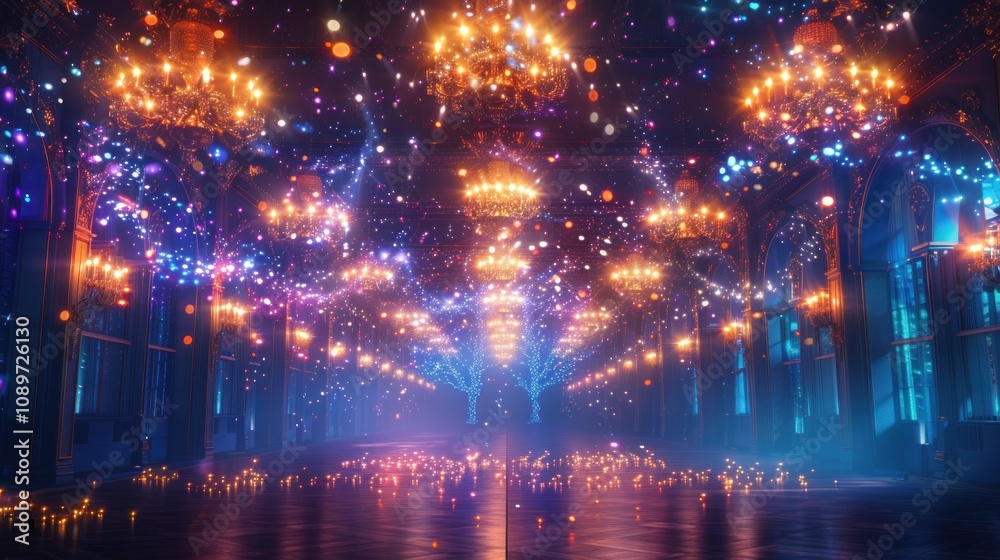 Fototapeta premium A grand hall with glittering chandeliers and magical lights.