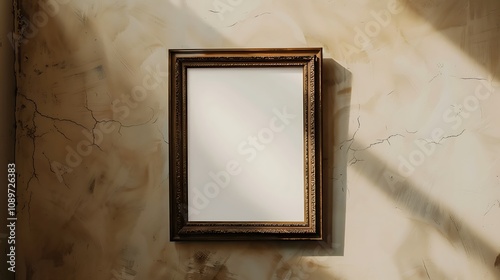 A blank ornate frame hangs on a textured wall, illuminated by soft light, suggesting potential for reflection or creativity. photo