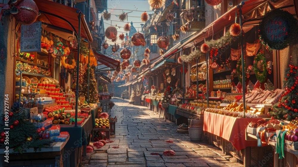 Obraz premium A cobblestone street lined with festive Christmas market stalls, decorated with twinkling lights and garlands, creates a magical holiday atmosphere.