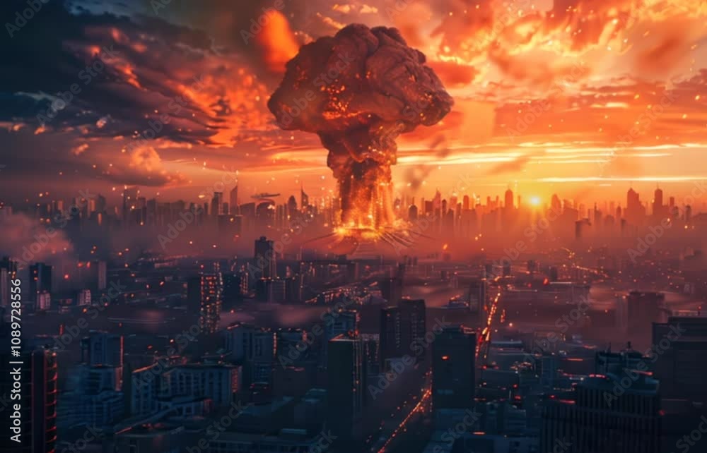 Nuclear explosion in a big city with fire mushroom cloud. Apocalyptic world war atomic bomb blast