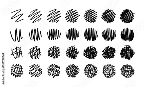 Twenty eight hand drawn circles with various shading. Doodles and squiggles. Vector set