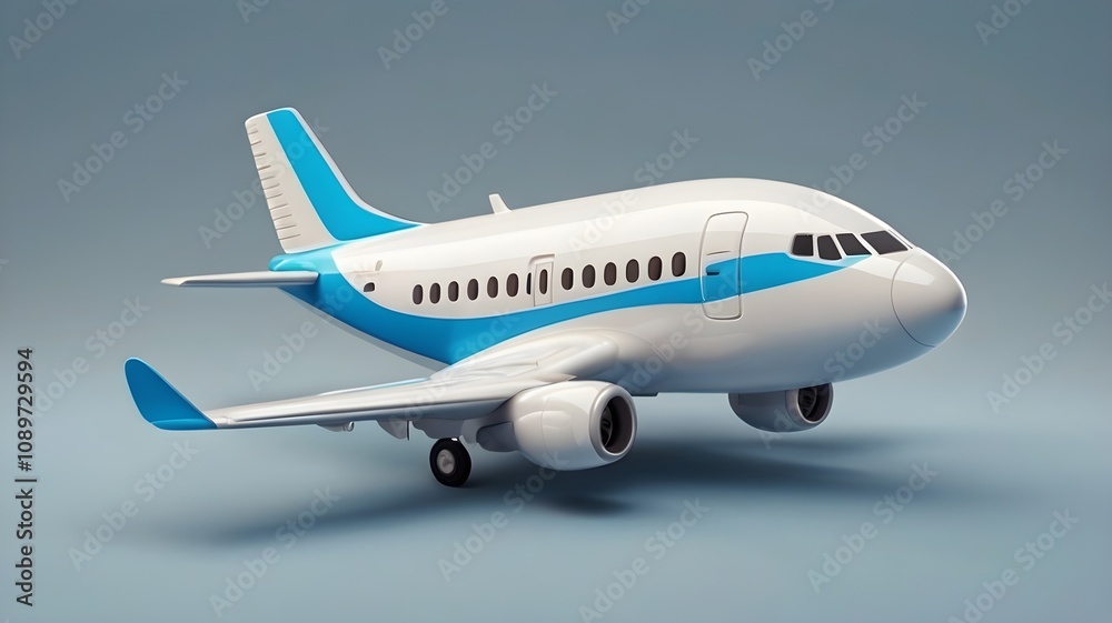 Fototapeta premium Small white and blue passenger airplane model isolated against a muted background represents air travel and aviation concepts.