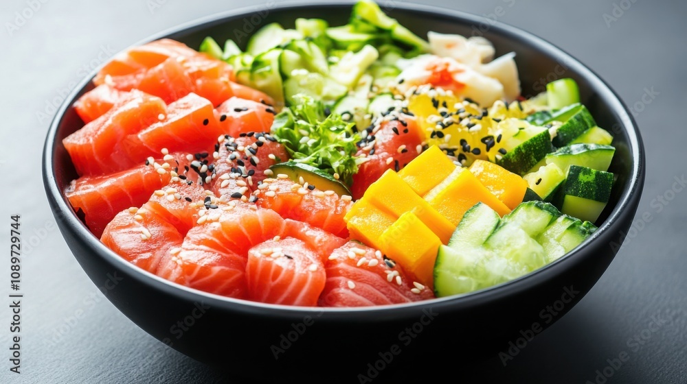 vibrant poke bowl with fresh ingredients, colorful vegetables and seafood, ready for takeout vibrant poke bowl with fresh ingredients, colorful vegetables and seafood, ready for takeout