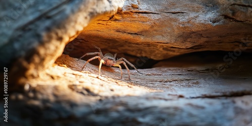 A Huntsman Spider resting inside a hollow log photo