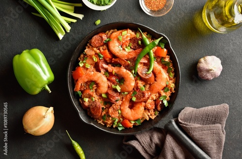 Creole style jambalaya with prawn, smoked sausages and vegetables photo