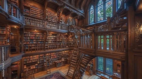 Grand wooden library interior with bookshelves, staircase, and stained-glass window.