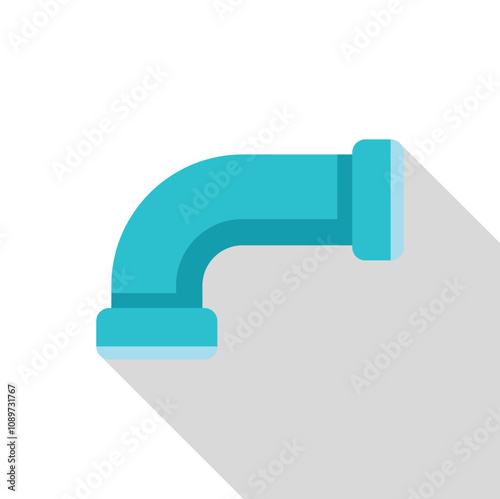 Light blue plastic elbow pipe fitting connecting plumbing tubes, flat vector illustration with long shadow