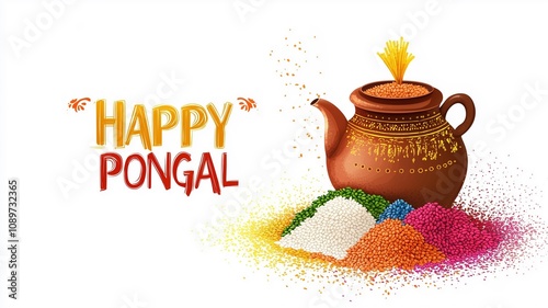 Happy Pongal Festival background with colorful sweet rice, millet, and corn leaves in a clay pot illustration. Text "HAPPY PONGAL" on white background. anime-style illustration, colorful and vibrant c