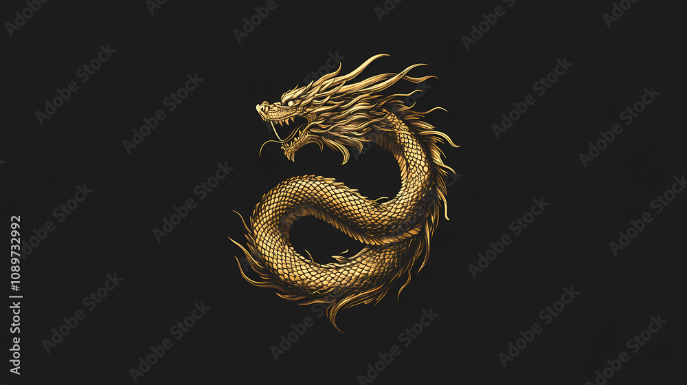 Fototapeta premium Golden dragon on black. Golden Serpent Temple. Illustration