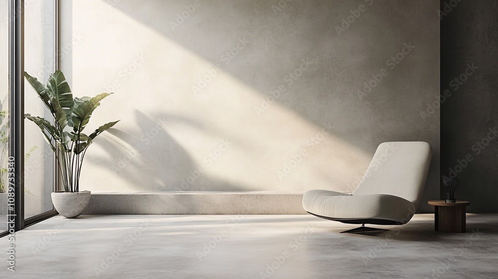 Fototapeta premium A minimalist living space featuring a sleek chair, a potted plant, and ample natural light, creating a calm and serene atmosphere.
