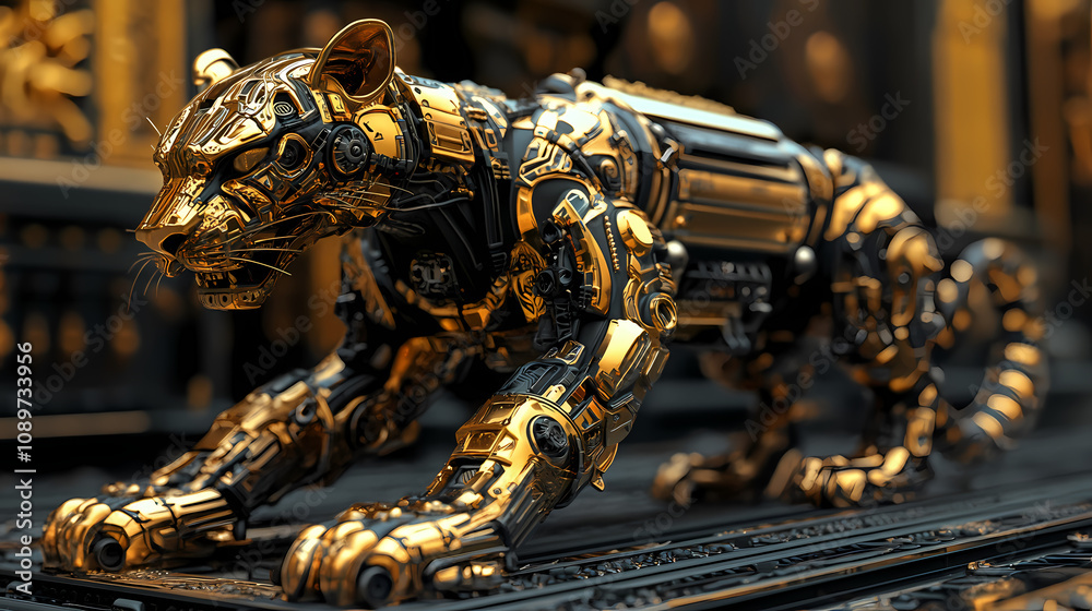 Fototapeta premium A golden mechanical leopard. Golden Serpent Temple. Illustration