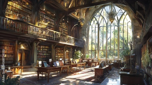 Sunlit grand library with arched windows, wooden bookshelves, and reading desks.