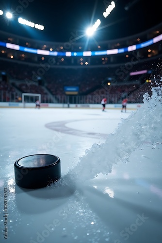 Close-up of a hockey puck on ice with blurred players and an arena in the background