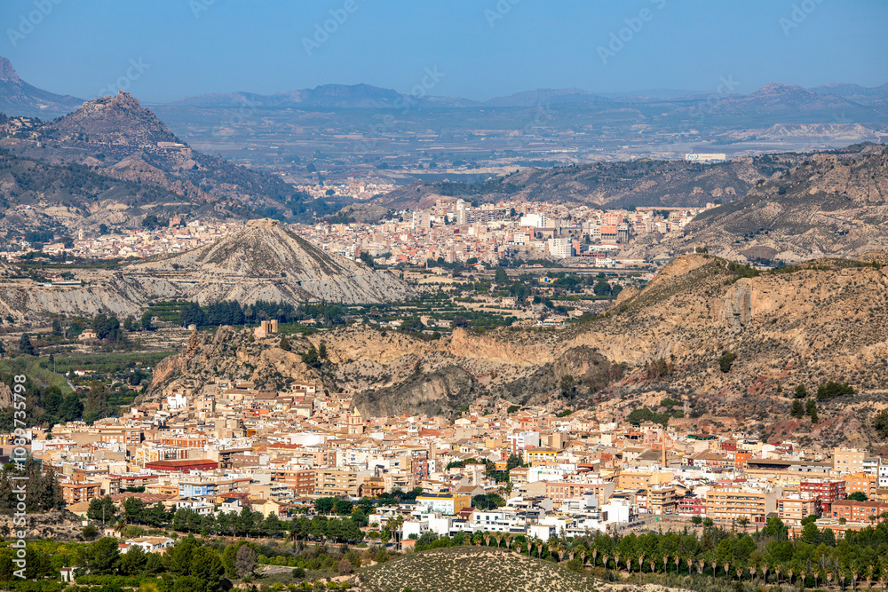 Fototapeta premium View of the Ricote Valley with the cities of Blanca, Abarán and Cieza in the background on a sunny day