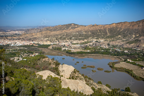 Panoramic view of the Ojós reservoir, in the Ricote Valley, Region of Murcia, Spain, with the town of Blanca in the background