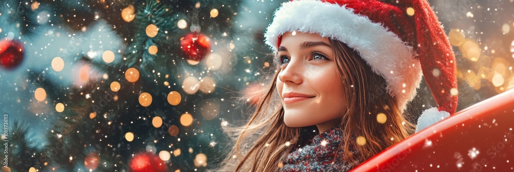 Beautiful Young Woman in Santa Hat with Snowflakes Falling in a Magical Christmas Wonderland Beautiful Young Woman in Santa Hat with Snowflakes Falling in a Magical Christmas Wonderland