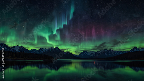 panorama with lakes and mountains in the backdrop, and the northern lights in the night sky. Illustration of Generative AI