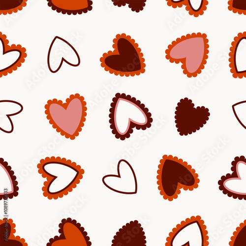 Seamless pattern with linear hearts and hearts with ruffles in love-themed colors for Valentine's Day. Pattern design for the celebration of love. Feelings, love, emotions. A pattern for gift wrapping