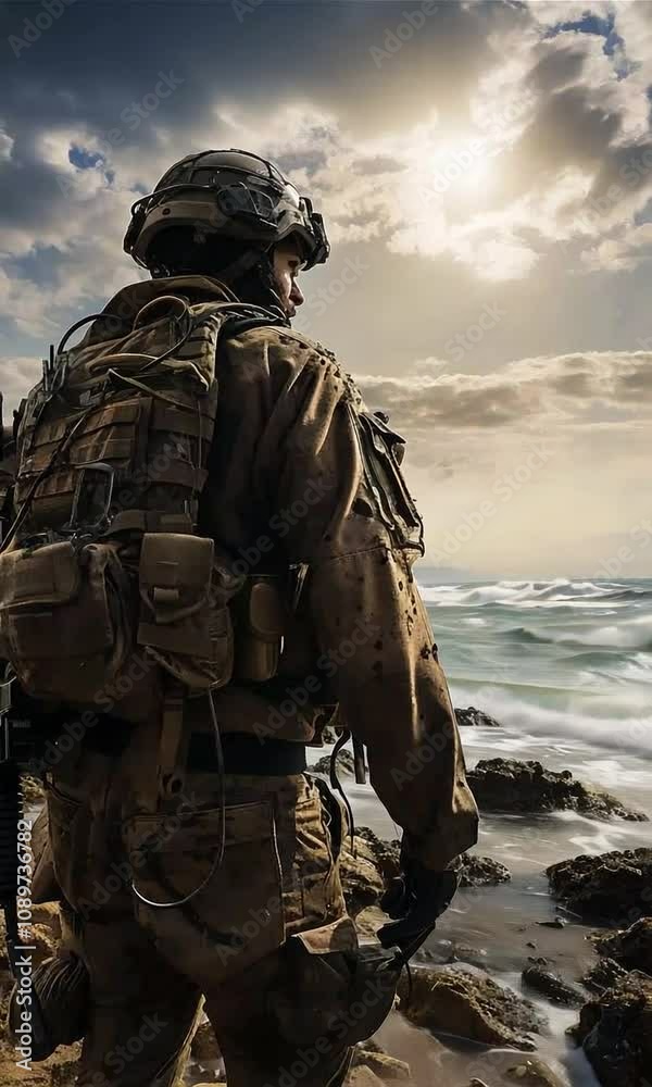 A man in a soldier's uniform stands on the seashore A man in a soldier's uniform stands on the seashore