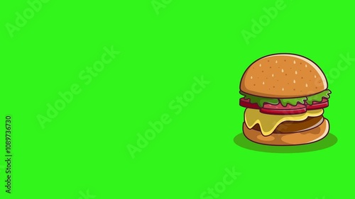 Burger, cheese hamburger cartoon animation on green screen