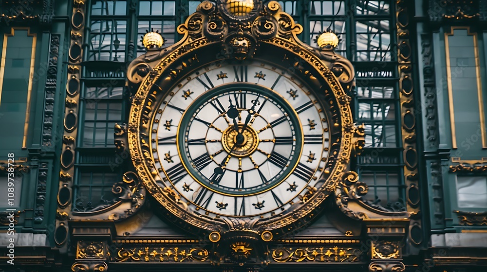Obraz premium a grand, ornate clock face set against a backdrop of dark, weathered architecture.
