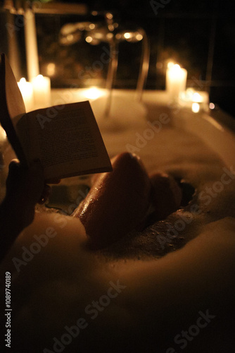 Young woman taking bubble bath in a dark bathroom, reading a book and surrounded with candles. Romantic atmosphere