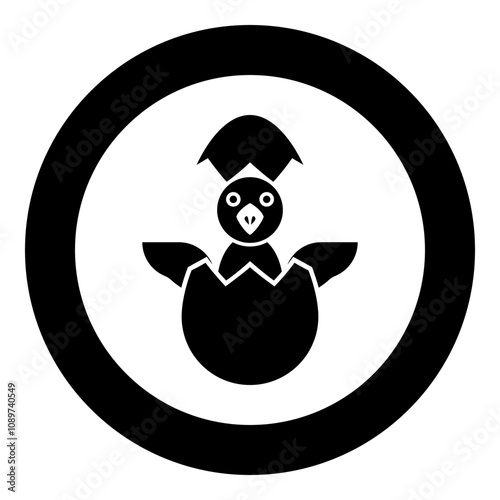 Chicks hatch from the egg baby bird cracked eggshell icon in circle round black color vector illustration image solid outline style