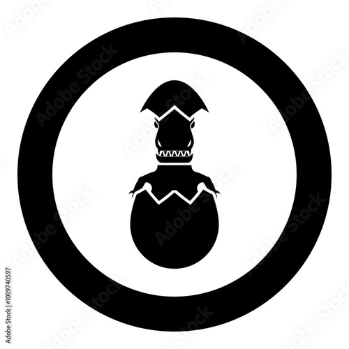 Evil dinosaur hatch from egg cracked eggshell icon in circle round black color vector illustration image solid outline style
