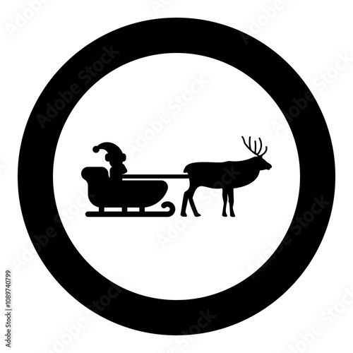 Santa Claus in a reindeer wagon chariot with sled icon in circle round black color vector illustration image solid outline style