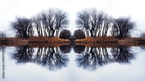 Mirror reflection of leafless trees.