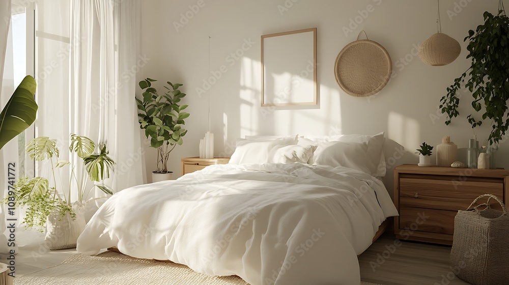 Fototapeta premium Beautiful Colored Mockup Bedroom Interior Blank Poster Decoration Art Background Image, generative AI